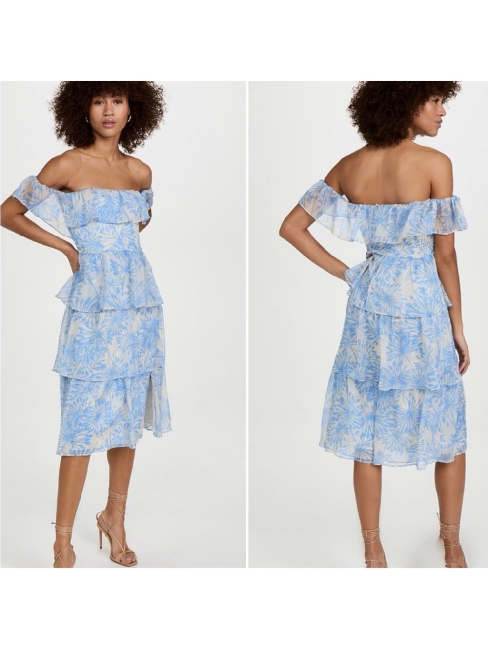 Amanda Uprichard Venezia Midi Off the Shoulder Blue Floral Chiffon Dress Size XS
